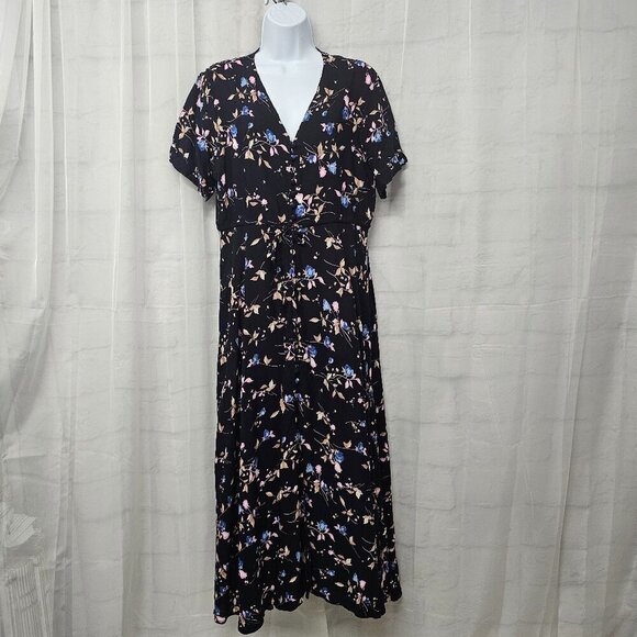 Wantdo Navy Blue Pink Floral Midi Dress Cottagecore Boho L - Picture 1 of 13